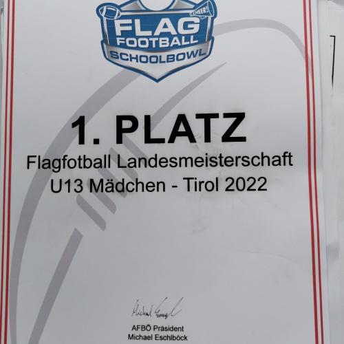 Urkunde für den ersten Platz bei den Landesmeisterschaften im Flagfootball